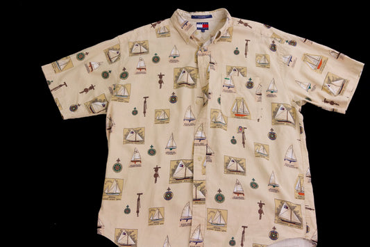 Men's L - Vintage Tommy Hilfiger Nautical Sailboat Shirt – Linen Blend