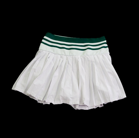 Women's M - Heathyoga Pleated Athletic Skirt – White w/ Green Waistband (Shorts Under)
